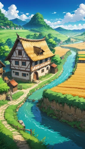 yamada's rice fields,butka,ghibli,ricefield,rice fields,studio ghibli,yazaki,ricefields,the rice field,rice field,french digital background,landscape background,japan landscape,highstein,mountain village,countryside,rural landscape,watermill,alpine village,rice paddies,Illustration,Japanese style,Japanese Style 03