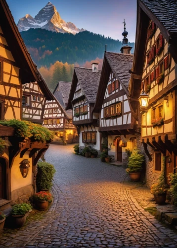 alpine village,half-timbered houses,escher village,bavarian swabia,medieval town,bavarian,mountain village,highstein,bernese highlands,triberg,medieval street,bavaria,schweiz,knight village,germany,grindelwald,oktoberfest background,oberland,oberammergau,franconian switzerland,Illustration,American Style,American Style 12