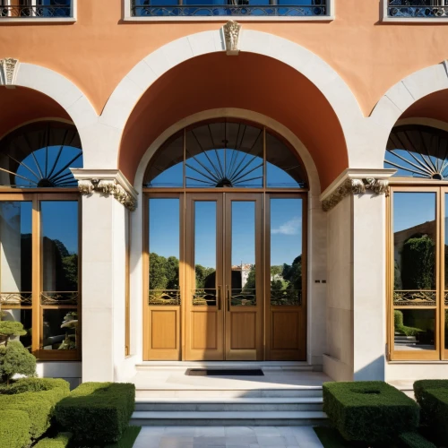 loggia,orangery,gold stucco frame,hinged doors,stucco frame,fenestration,architrave,palladian,french windows,plantation shutters,encasements,italianate,entranceways,palazzina,cochere,doors,orangerie,villa balbiano,entranceway,archways,Photography,General,Realistic