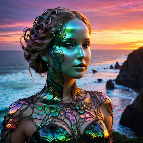 neon body painting,bodypaint,bodypainting,body painting,fathom,transhuman,sirena,dichroic,naiad,holography,body art,fantasy art,afrofuturism,amphitrite,mermaid background,pacifica,bioluminescent,cybernetic,shpongle,3d fantasy,Photography,Artistic Photography,Artistic Photography 11