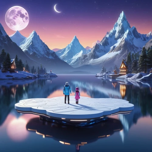 cartoon video game background,romantic scene,winter background,fantasy picture,moon and star background,romantic night,moonlit night,children's background,landscape background,snow scene,night scene,winter night,frozen lake,moonlight,christmas snowy background,moon seeing ice,3d background,winter lake,dream world,wonderlands,Unique,3D,3D Character