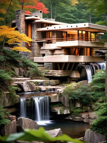 fallingwater,asian architecture,japanese garden,water mill,house in mountains,house in the mountains,forest house,modern architecture,mid century house,house by the water,waterfalls,house in the forest,streamside,japanese garden ornament,beautiful home,ryokan,futuristic architecture,japanese zen garden,amanresorts,japan garden,Unique,3D,Modern Sculpture