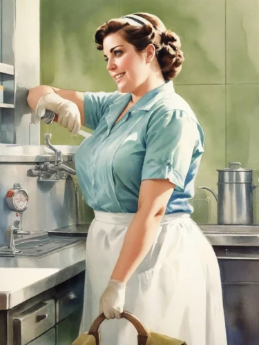 girl in the kitchen,maidservant,milkmaid,dishwashing,washerwoman,cleaning woman,vintage kitchen,washing dishes,woman with ice-cream,waitress,woman holding pie,domestica,domesticity,vintage 1950s,1940 women,milkmaids,retro woman,50's style,housemaid,laundress,Digital Art,Watercolor