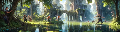 fairy forest,rainforest,kashyyyk,rain forest,rainforests,swamps,forest lake,dagobah,tropical forest,lagoon,fairy world,elven forest,swamp,green forest,aquatic plants,world digital painting,fantasy landscape,tree grove,cartoon forest,underwater oasis,Anime,Anime,General