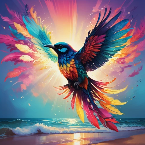 colorful birds,colorful background,pheonix,uniphoenix,bird of paradise,bird painting,rainbow background,color feathers,beautiful bird,phoenixes,background colorful,aguiluz,splendid colors,featherlike,bird flying,flying birds,flying bird,fantasy art,colorful heart,fenix,Conceptual Art,Fantasy,Fantasy 32