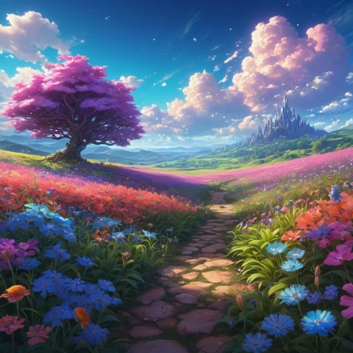 flower field,purple landscape,landscape background,blooming field,field of flowers,flower background,sea of flowers,spring background,springtime background,flowers field,fantasy landscape,meadow landscape,flower meadow,nature background,cartoon video game background,full hd wallpaper,flowerful desert,beautiful wallpaper,blanket of flowers,meadow in pastel,Illustration,Realistic Fantasy,Realistic Fantasy 03