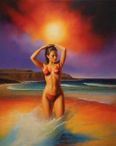 fischl,oil painting,paschke,oil painting on canvas,donsky,world digital painting,girl on the dune,bather,art painting,beach landscape,photo painting,beach background,fantasy art,pintura,airbrushing,bronzing,red sun,beachgoer,lacombe,tretchikoff,Illustration,Realistic Fantasy,Realistic Fantasy 32