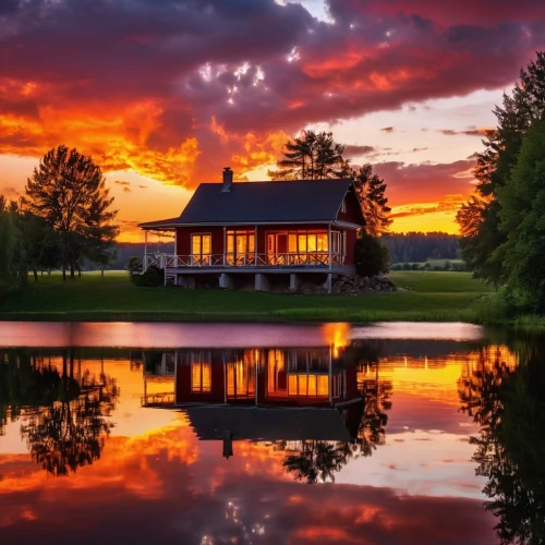 house with lake,summer cottage,netherlands,incredible sunset over the lake,house by the water,home landscape,netherland,the netherlands,evening lake,cottage,beautiful home,holland,house silhouette,boat house,boathouse,red barn,summer house,dutch landscape,wooden house,houseboat,Photography,General,Realistic