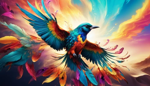 colorful birds,colorful background,blue and gold macaw,uniphoenix,color feathers,bird painting,phoenixes,blue macaw,pheonix,beautiful macaw,rainbow background,background colorful,macaw,blue parrot,blue and yellow macaw,featherlike,phoenix rooster,garrison,fenix,feathers bird,Illustration,Realistic Fantasy,Realistic Fantasy 39