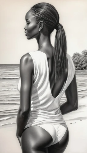 charcoal drawing,african woman,girl on the dune,african american woman,black woman,charcoal pencil,woman sitting,world digital painting,photorealist,underpainting,girl sitting,broncefigur,bodypainting,melanin,graphite,oluchi,fischl,african art,goude,grisaille,Illustration,Black and White,Black and White 30