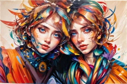 two girls,cocorosie,canonesses,radhakrishna,swirlgirls,reinas,kaleidoscope art,priestesses,gemini,foulard,rhinemaidens,archangels,oil painting on canvas,bohemian art,demoiselles,art painting,symbolists,polychromed,pacitti,kaleidoscopes