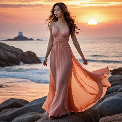 celtic woman,evening dress,girl in a long dress,a floor-length dress,long dress,margairaz,eveningwear,orange robes,sunset glow,peach rose,peach color,enchanting,robe,by the sea,gown,aphrodite,ariadne,amphitrite,caftan,girl in a long dress from the back,Photography,General,Realistic