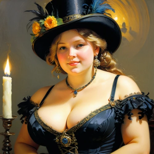 victorian lady,fantasy portrait,hildebrandt,rasputina,the hat-female,the hat of the woman,victorianism,huybrechts,signora,golden candlestick,halloween witch,rococo,schikaneder,19th century,magicienne,woman's hat,woman portrait,netrebko,gas lamp,oil painting,Art,Classical Oil Painting,Classical Oil Painting 20