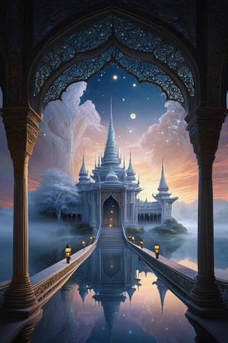 white temple,mandalay,dhamma,shambhala,fantasy picture,cambodia,sanctum,thai temple,fantasy landscape,bagan,sanatana,myanmar,ayutthaya,pravara,palyul,pridiyathorn,dhammananda,khmer,agrabah,world digital painting,Illustration,Abstract Fantasy,Abstract Fantasy 19