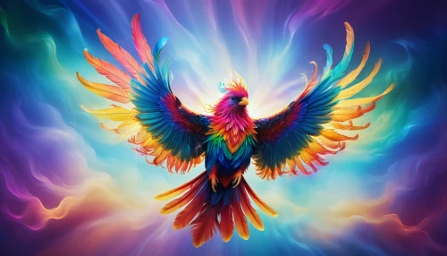 uniphoenix,pheonix,phoenix rooster,phoenixes,dove of peace,phenix,pentecost,phoenix,pentecostalist,holy spirit,peace dove,colorful birds,fenix,divine healing energy,firebird,colorful background,plumes,soulfire,color feathers,bird of paradise,Illustration,Realistic Fantasy,Realistic Fantasy 37