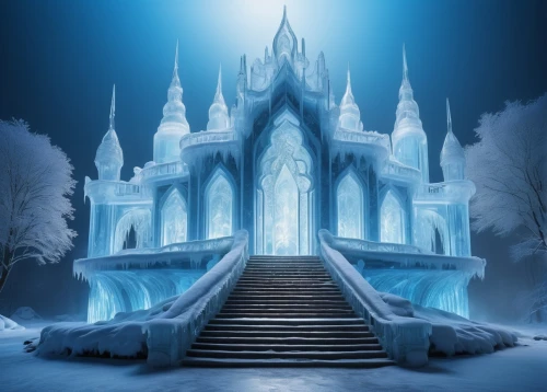 ice castle,icewind,snow house,white temple,thingol,eternal snow,gondolin,the snow queen,fairy tale castle,hall of the fallen,jotunheim,narnian,coldharbour,moria,winterflood,castle of the corvin,snowhotel,winterplace,fairytale castle,fantasy picture,Illustration,Retro,Retro 24