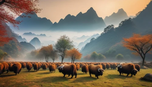 mountain pasture,mountain cows,alpine pastures,cow herd,cows on pasture,livestock,autumn mountains,livestock farming,mountainous landscape,horned cows,huangshan mountains,autumn landscape,ruminants,mountain landscape,herd of goats,beautiful landscape,rural landscape,oxen,landscape background,shepherding,Illustration,Paper based,Paper Based 15