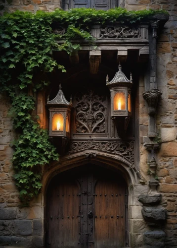 facade lantern,illuminated lantern,portal,front door,sconces,doorways,doorway,ensconce,sconce,old door,wood gate,castle windows,church door,garden door,old window,vintage lantern,hanging lantern,entranceway,wooden door,window,Illustration,Realistic Fantasy,Realistic Fantasy 04