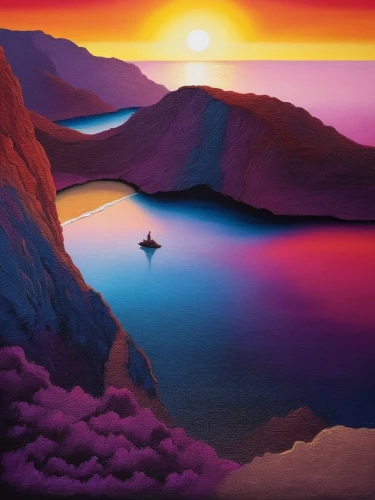 purple landscape,sea landscape,seascape,sailing blue purple,boat landscape,coastal landscape,cliffs ocean,beach landscape,splendid colors,landscape with sea,mostovoy,crater lake,cave on the water,pink beach,aegean sea,fantasy landscape,volcanic landscape,dune landscape,coast sunset,dreamscape,Illustration,Realistic Fantasy,Realistic Fantasy 25