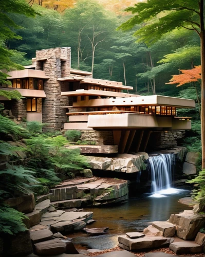 fallingwater,amanresorts,asian architecture,japanese garden,streamside,taliesin,water mill,montreat,futuristic architecture,ryokan,japanese garden ornament,onsen,landscaped,forest house,cantilevers,creekside,house in mountains,modern architecture,house in the mountains,mid century house,Illustration,Abstract Fantasy,Abstract Fantasy 04