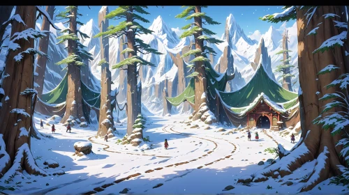 winter forest,snow scene,snow trail,coniferous forest,spruce forest,elves country,finnish forest,winter village,house in the forest,snow house,cartoon forest,fir forest,forest path,forest,snow shelter,cartoon video game background,snowville,christmas landscape,winter background,forest background,Anime,Anime,Traditional