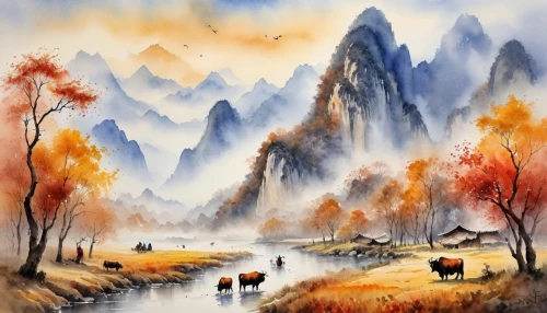 autumn mountains,autumn landscape,mountain scene,fall landscape,mountain landscape,mountainous landscape,landscape background,autumn background,huashan,autumn scenery,rural landscape,yunnan,jianfeng,lijiang,guilin,watercolor background,fantasy landscape,haicang,huangshan,autumn fog,Illustration,Paper based,Paper Based 24