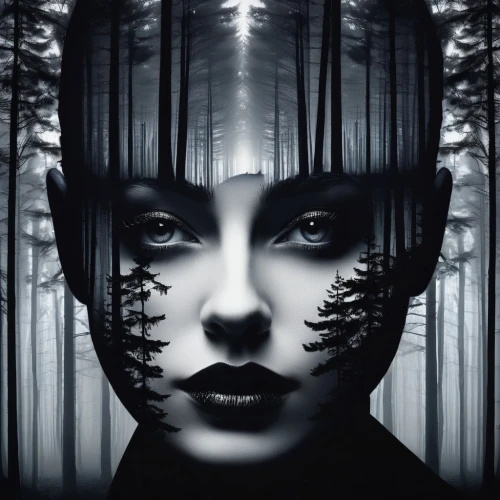 mystical portrait of a girl,girl with tree,forest dark,digital artwork,absentia,unseelie,dryad,digital art,photomanipulation,mirror of souls,forest of dreams,dark art,fantasy portrait,world digital painting,nocte,deviantart,photo manipulation,melancholia,mindscape,biophilia,Photography,Black and white photography,Black and White Photography 07