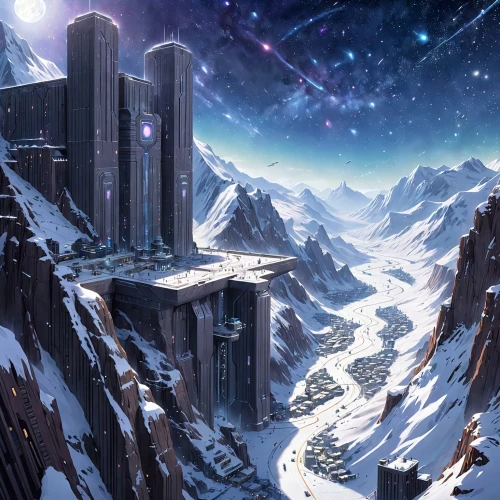 icewind,coldharbour,futuristic landscape,snow mountains,skylands,tirith,citadels,snowy mountains,ice planet,snowy peaks,snowy landscape,snow landscape,dawnstar,hyperborea,jotunheim,tunheim,gliese,northstar,fantasy landscape,ice castle,Anime,Anime,Traditional