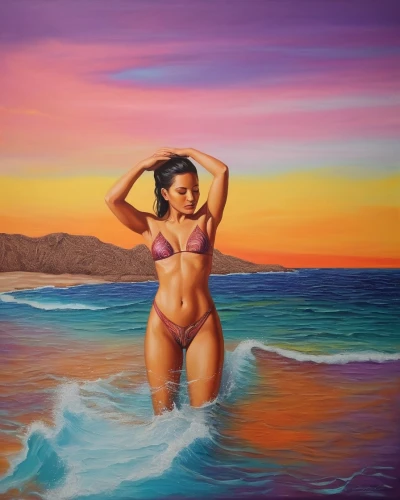 oil painting on canvas,oil on canvas,oil painting,girl on the dune,beach background,beach landscape,art painting,violeta,painting technique,pintura,jasinski,hula,la violetta,wahine,venus,baja,mujer,bather,tahitian,el mar,Illustration,Realistic Fantasy,Realistic Fantasy 45