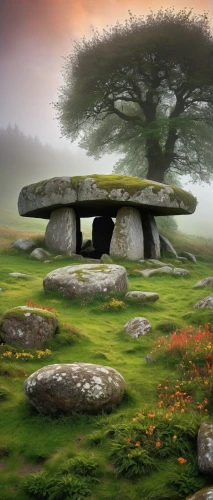 dolmen,background with stones,mushroom landscape,megalithic,neolithic,burial chamber,stone background,lanyon quoit,druidic,druidism,megaliths,stone circles,druid stone,stone oven,stone bench,celtic tree,moss landscape,the grave in the earth,stone circle,henges,Illustration,Abstract Fantasy,Abstract Fantasy 01