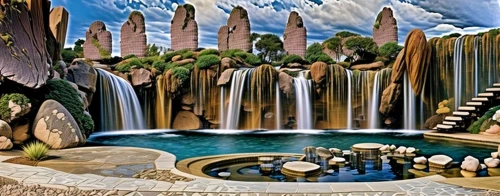 futuristic landscape,fountains,fountain pond,decorative fountains,waterfall,water feature,water fall,waterfalls,brown waterfall,fountain,lagoon,cartoon video game background,city fountain,fountain of friendship of peoples,diamond lagoon,virtual landscape,art deco background,waterval,thermal spring,3d background