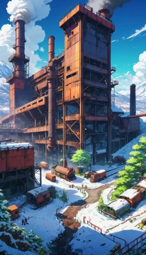 industrial landscape,industrial plant,industrial ruin,refinery,industrial area,factories,oil refinery,chemical plant,industrial,heavy water factory,refineries,industries,industrialization,steel mill,industry,factory,industrial building,industrialism,manufactory,empty factory,Illustration,Japanese style,Japanese Style 03