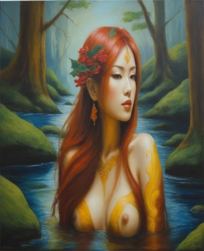 naiad,water nymph,vietnamese woman,nereid,bodypainting,asian woman,oil painting on canvas,naiads,viveros,oil painting,bodypaint,fantasy art,amphitrite,girl on the river,the blonde in the river,hoshihananomia,body painting,art painting,huong,dryad,Illustration,Japanese style,Japanese Style 18