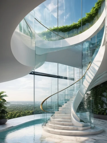 futuristic architecture,glass wall,dreamhouse,luxury property,modern architecture,balconied,modern house,penthouses,balustrades,balustraded,balustrade,roof landscape,beautiful home,tropical house,glass roof,etfe,luxury home,glass facade,luxury home interior,water stairs,Conceptual Art,Sci-Fi,Sci-Fi 24