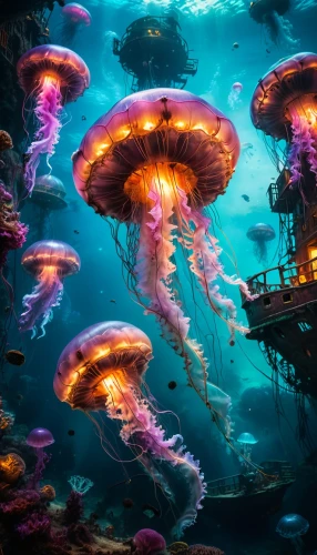 underwater playground,jellyfish,underwater landscape,coral reef,underwater world,underwater background,ocean underwater,sea life underwater,aquarium,undersea,jellyfishes,sea jellies,deep sea,under sea,under the sea,jellyfish collage,underwater oasis,mushroom island,seaquarium,oceanarium,Photography,General,Fantasy