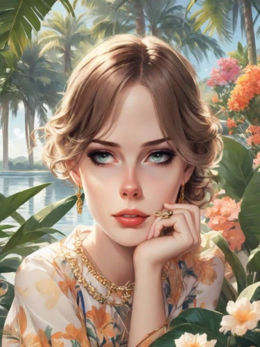 tropical floral background,girl in flowers,floral background,tropico,bali,flora,floral,portrait background,tropical bloom,flower background,exoticism,samui,lily-rose melody depp,eloise,tropic,orange blossom,romantic portrait,aloha,beautiful girl with flowers,girl in the garden,Digital Art,Anime