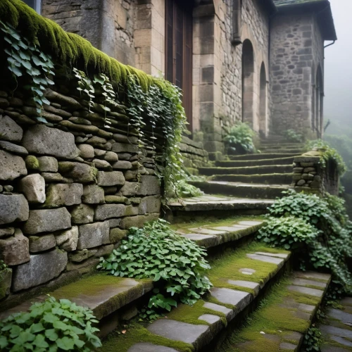 stone stairs,winding steps,stone stairway,terraced,moss landscape,stone ramp,ancient house,abandoned places,the threshold of the house,stone houses,landour,monasteries,steps,abandoned place,asturias,kykuit,ancient ruins,conques,ghost castle,foggy landscape,Illustration,American Style,American Style 04
