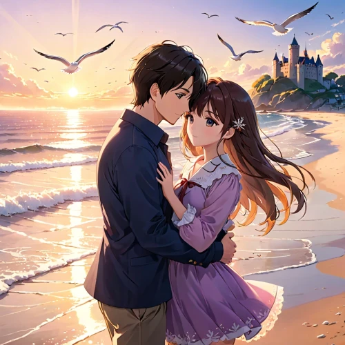 shinran,teika,romantic scene,love background,tomoharu,beach background,by the sea,romanticizes,romantic portrait,love letter,bessatsu,loving couple sunrise,love in air,girl and boy outdoor,dusk background,romantic night,honeymoon,sakimoto,boy and girl,heartstrings,Anime,Anime,Realistic