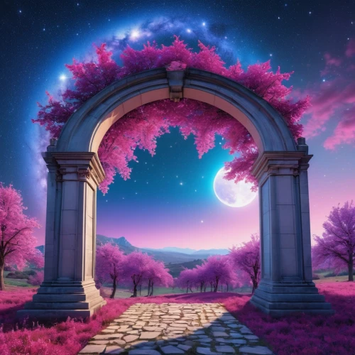 rose arch,heaven gate,purple landscape,archway,gateway,portal,arch,fantasy picture,archways,purple and pink,fantasy landscape,portals,arbor,natural arch,stone gate,purple wallpaper,round arch,3d background,wall,gate,Photography,General,Realistic