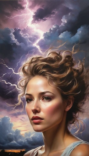 mystical portrait of a girl,world digital painting,tempestuous,thundercloud,little girl in wind,thunderhead,thunderclouds,thunderstorm,lightning storm,fantasy portrait,portrait background,thundering,woman thinking,thunderstruck,fantasy art,sci fiction illustration,thunderheads,oil painting on canvas,tormenta,thunderous,Conceptual Art,Oil color,Oil Color 09