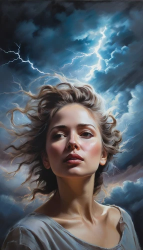 tempestuous,thundering,thunderstone,thunderstruck,windstorms,thyatira,mystical portrait of a girl,scheffer,lightning storm,electrocutionist,thunderstorm,storm,thunderous,stormbringer,stormy,woman thinking,thunderclouds,lightning,stormy blue,thunderclap,Conceptual Art,Oil color,Oil Color 09