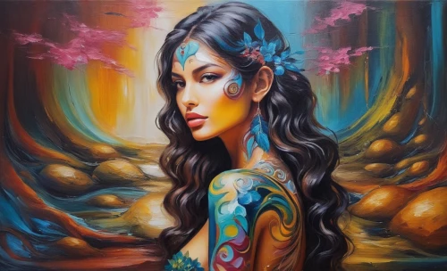 welin,viveros,bohemian art,fantasy art,mystical portrait of a girl,oil painting on canvas,art painting,pintura,boho art,boho art style,chicana,tretchikoff,body painting,bodypainting,girl in flowers,fairie,adnate,oil painting,oriental girl,flower painting,Illustration,Paper based,Paper Based 04