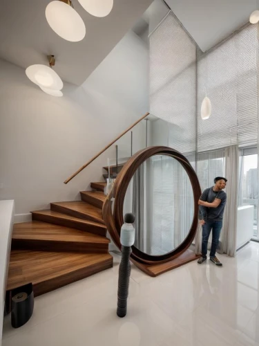 circular staircase,wooden stair railing,winding staircase,outside staircase,spiral stairs,spiral staircase,staircase,balustrades,stair handrail,steel stairs,modern decor,balustraded,contemporary decor,escalera,staircases,hallway space,stairwell,entryway,banisters,interior modern design,Interior Design,Living room,Modern,Asian Modern Urban