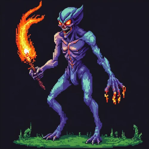 demogorgon,necromancer,firedancer,pixel art,ifrit,demongeot,pazuzu,demonata,torchbearer,incinerator,malom,drakenstein,skinwalker,alakiri,kantauri,luarsab,calamian,wendigo,oni,guyver