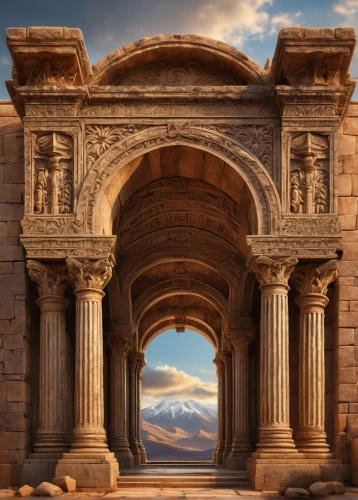 greek temple,triumphal arch,baalbek,laodicea,leptis,ramesseum,pasargadae,antiquities,ephesus,palmyra,ancient civilization,jerash,baalbeck,antiquity,colonnaded,classical antiquity,egyptian temple,the ancient world,temple of hercules,tiryns,Conceptual Art,Fantasy,Fantasy 30