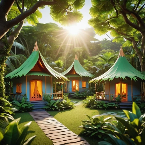 tropical forest,fairy forest,fairy village,bungalows,fairyland,tropical house,neverland,3d render,gypsy tent,greenforest,yurts,circus tent,enchanted forest,hideaways,treehouses,greenhut,fairy world,fairytale forest,huts,green forest,Photography,General,Realistic
