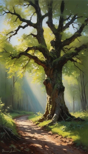 oak,oak tree,forest tree,painted tree,old tree,watercolor tree,kierszenbaum,flourishing tree,a tree,magic tree,digital painting,tree,forest background,world digital painting,forest landscape,forest path,forest road,yggdrasil,celtic tree,rosewood tree,Conceptual Art,Oil color,Oil Color 09