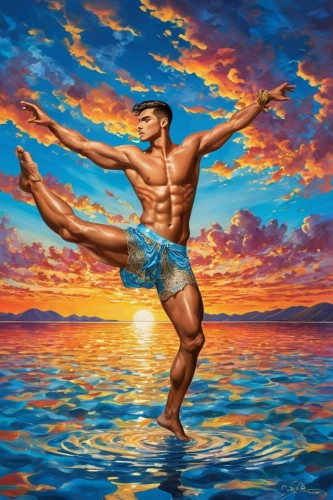 jcvd,polykleitos,gymnastikos,man at the sea,surya namaste,poseidon,capoeirista,pattabhi,male ballet dancer,kammerman,yoga guy,ellenberger,rubenesque,volador,vinyasa,karatekas,pilobolus,merman,rko,dammerman,Art,Classical Oil Painting,Classical Oil Painting 01