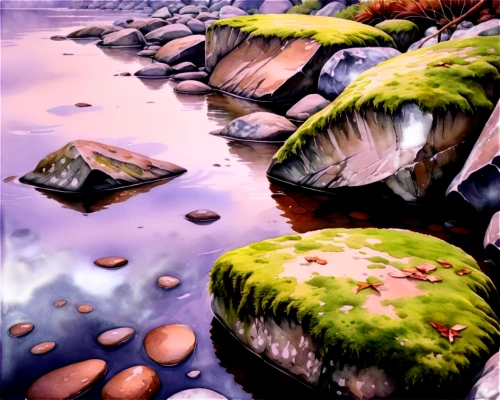 water scape,waterscape,background with stones,intertidal,brook landscape,river landscape,rockpool,underwater landscape,watercolor background,streambeds,streambed,swampy landscape,streamside,mushroom landscape,water and stone,tidepools,moss landscape,mountain stream,flowing creek,sea landscape,Illustration,Paper based,Paper Based 25