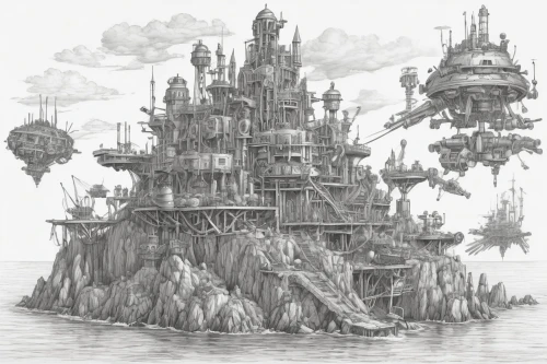 floating islands,mushroom island,sea fantasy,floating island,planescape,airships,imperial shores,artificial islands,spelljammer,primordia,ancient city,floating huts,skyship,waterworld,arcology,seafort,macroscale,waterhouses,apiarium,ghost ship